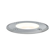 Round stainless steel recessed light with warm white glow and four screws for outdoor use.