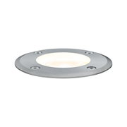 Ronde inbouwspot van roestvrij staal met warm wit licht en vier schroeven voor buitengebruik.