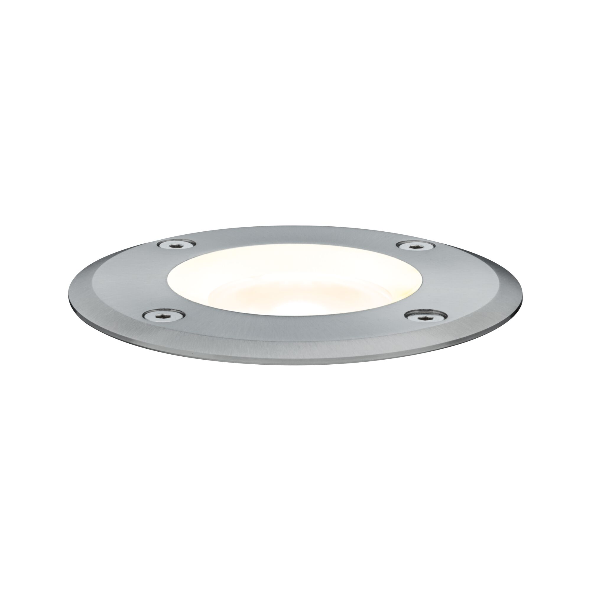 Ronde inbouwspot van roestvrij staal met warm wit licht en vier schroeven voor buitengebruik.