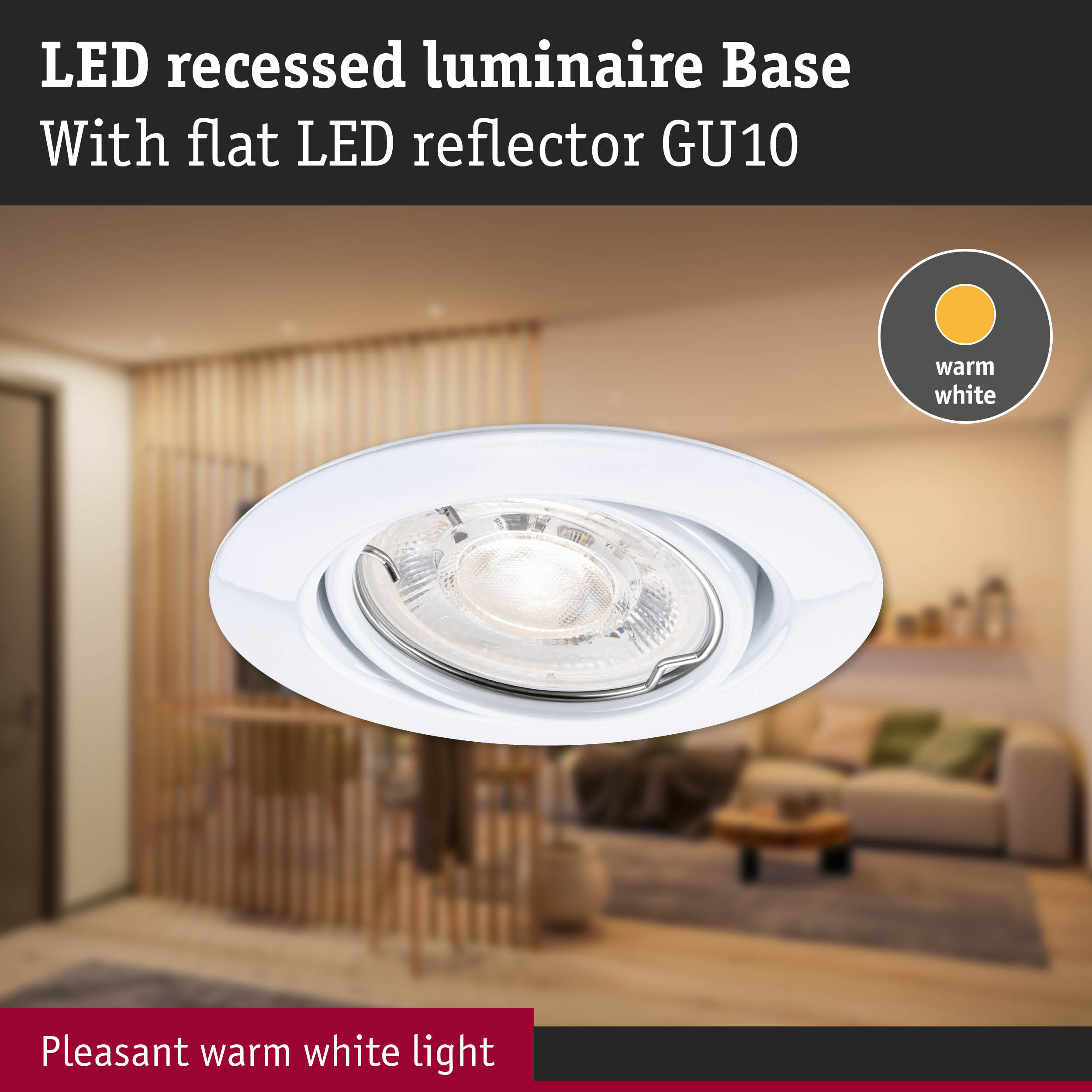 White LED recessed luminaire with flat LED reflector GU10 and warm white light for living spaces
