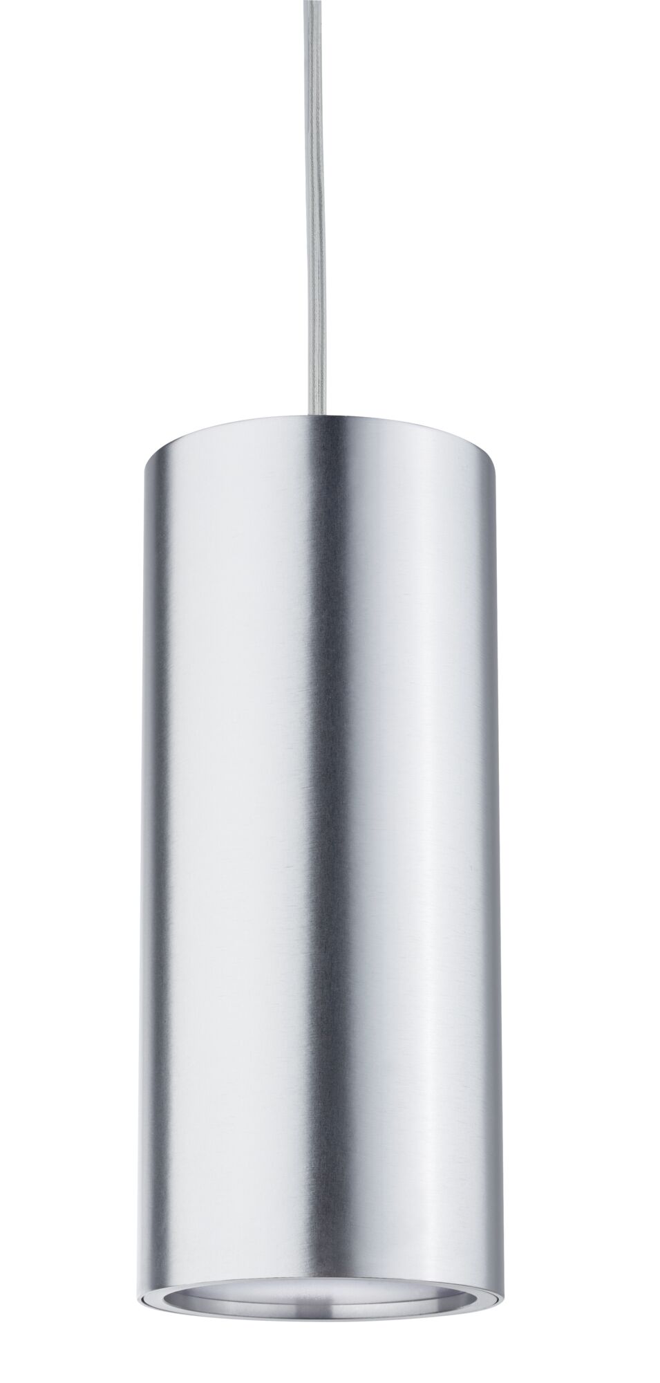 Moderner zylindrischer Aluminium-Pendelleuchter in gebürstetem Silber für Wohnräume