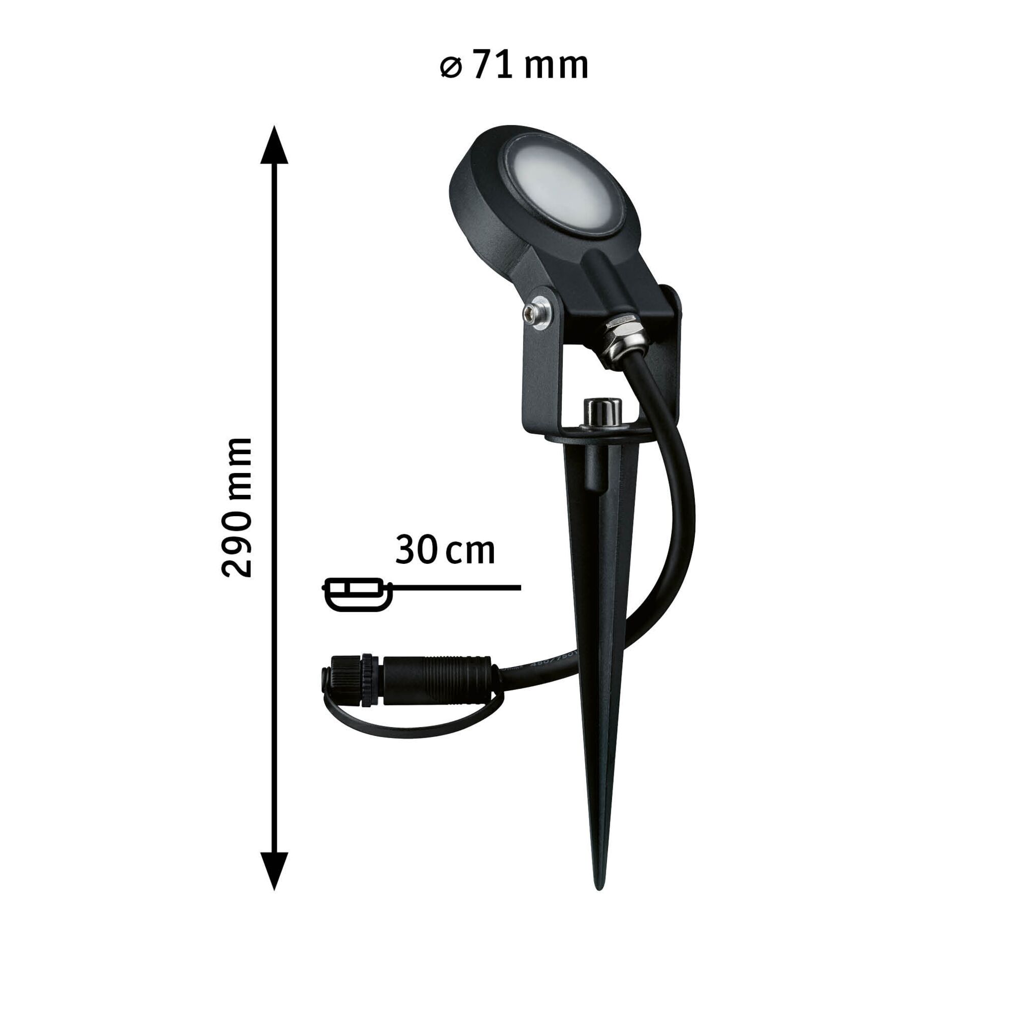 Schwarzer LED-Gartenspot aus Metall mit Erdspieß, 71 mm Durchmesser, 290 mm Höhe, Außenbeleuchtung
