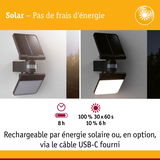 Applique murale LED solaire noire avec détecteur de mouvement, rechargeable par énergie solaire ou câble USB-C