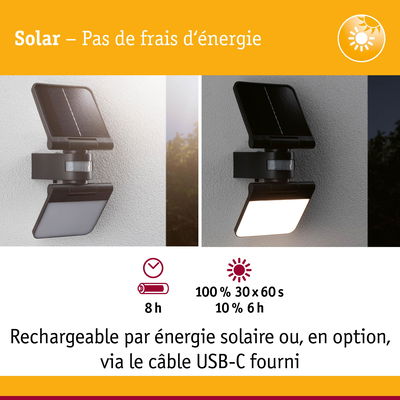 Applique murale LED solaire noire avec détecteur de mouvement, rechargeable par énergie solaire ou câble USB-C