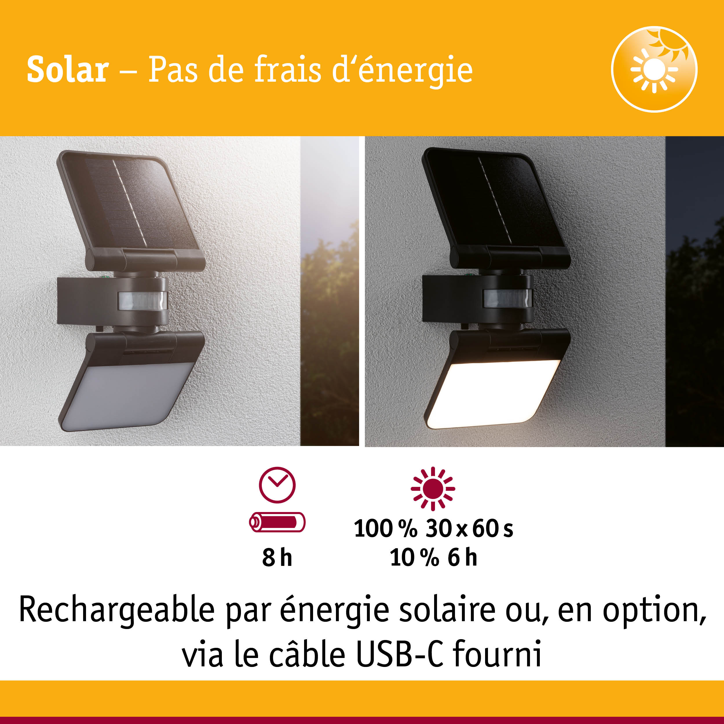 Applique extérieure solaire noire avec panneau solaire réglable et détecteur de mouvement, lampe LED économique