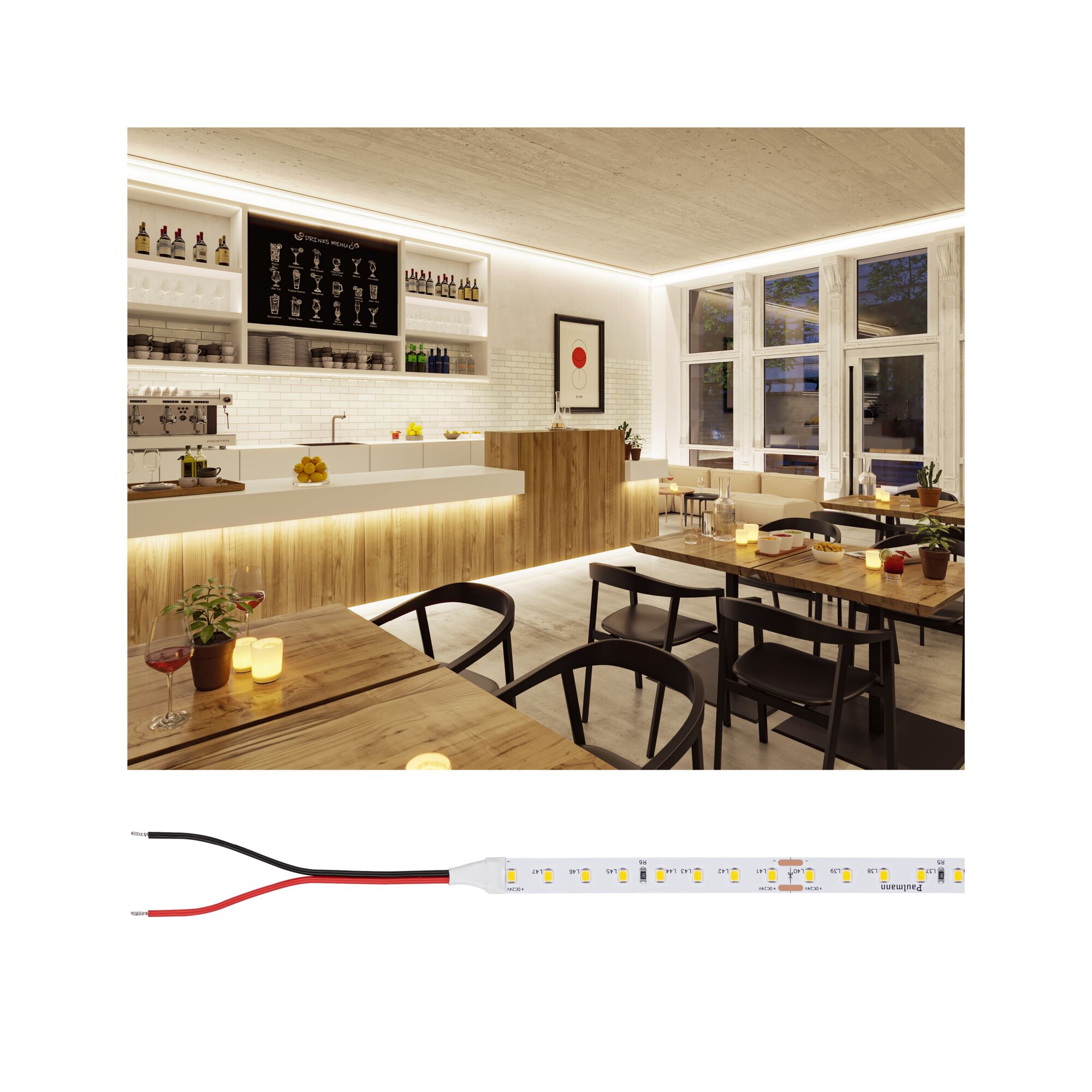 LED strip light with warm white LEDs and connection wires, perfect for ambient lighting in living spaces.