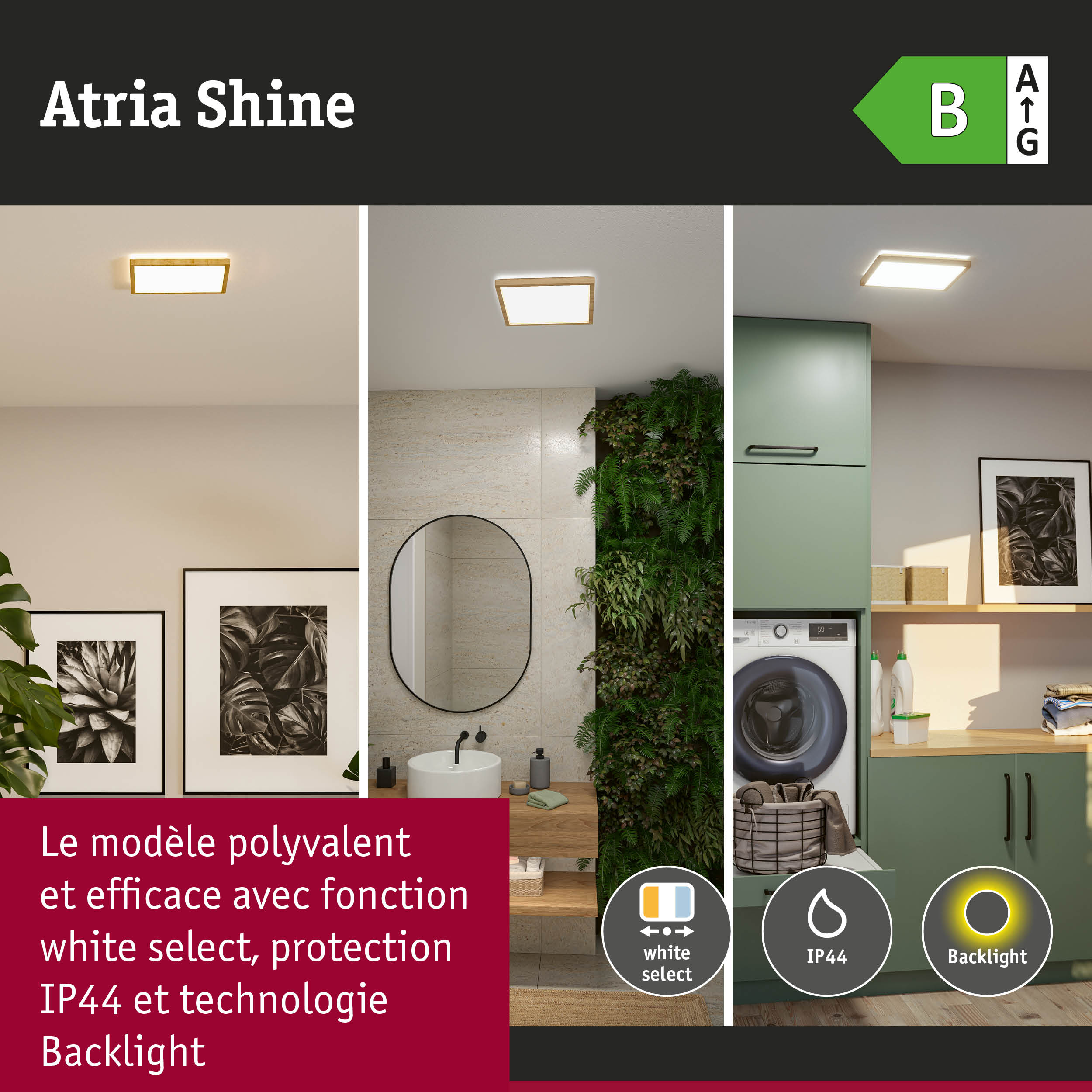 Plafonnier LED Atria Shine avec cadre en bois, lumière blanc chaud, protection IP44 et technologie Backlight