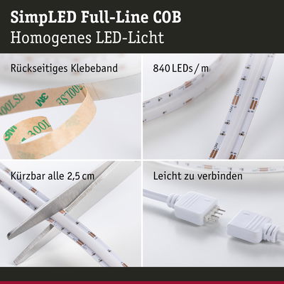 SimpLED Full-Line COB LED-Streifen mit rückseitigem Klebeband, 840 LEDs/m, schneidbar und leicht verbindbar