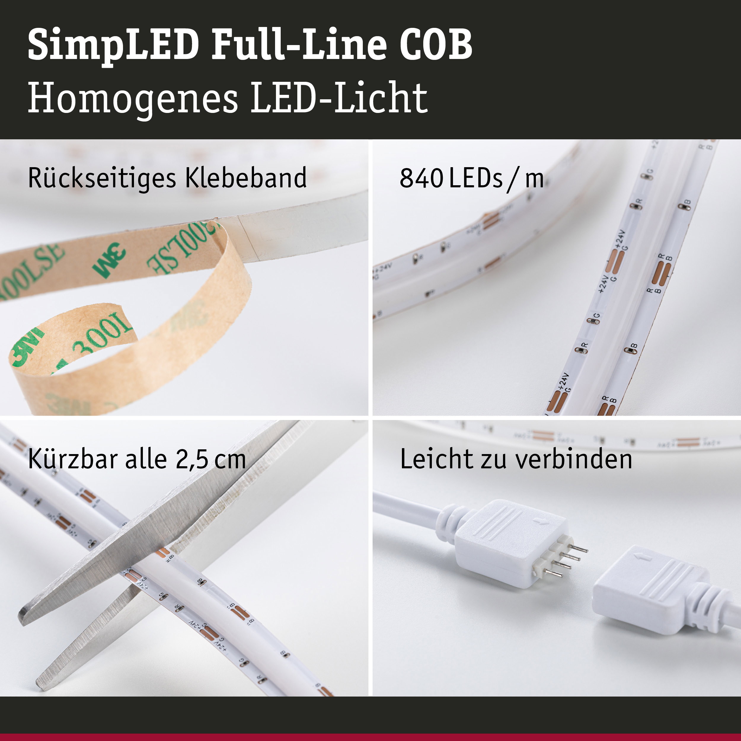 LED-Lichtband mit rückseitigem Klebeband, 840 LEDs pro Meter, schneidbar und leicht verbindbar