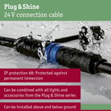 Black Plug & Shine 24V connection cable with blue ring, IP68 waterproof, suitable for outdoor lighting systems