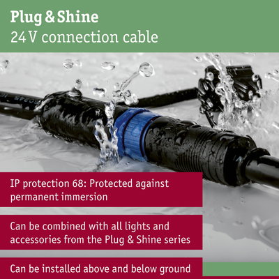 Black Plug & Shine 24V connection cable with blue ring, IP68 waterproof, suitable for outdoor lighting systems