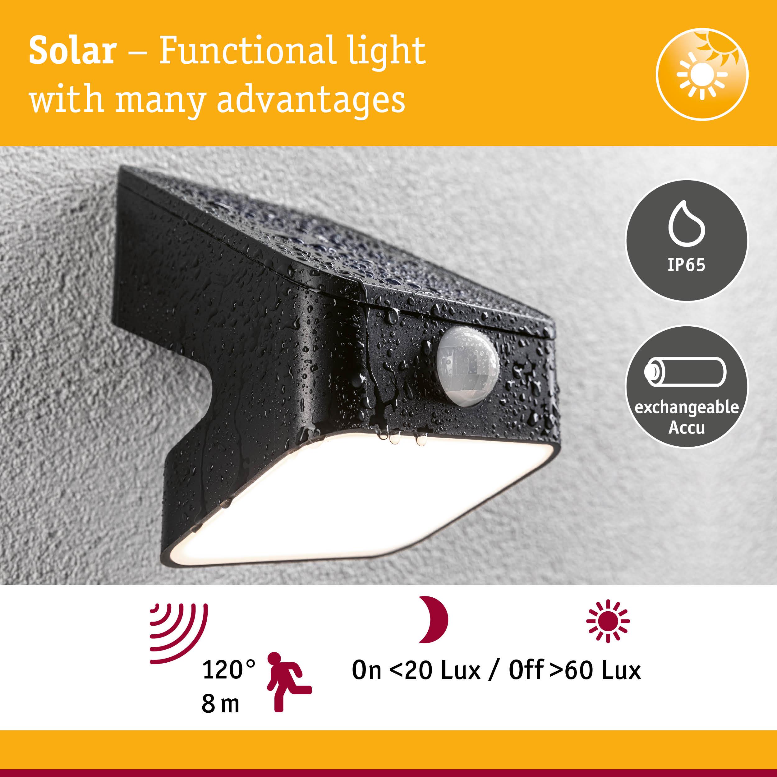 Black solar outdoor light with motion sensor, IP65 waterproof rating and exchangeable battery for garden use