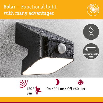 Black solar outdoor light with motion sensor, IP65 waterproof rating and exchangeable battery for garden use