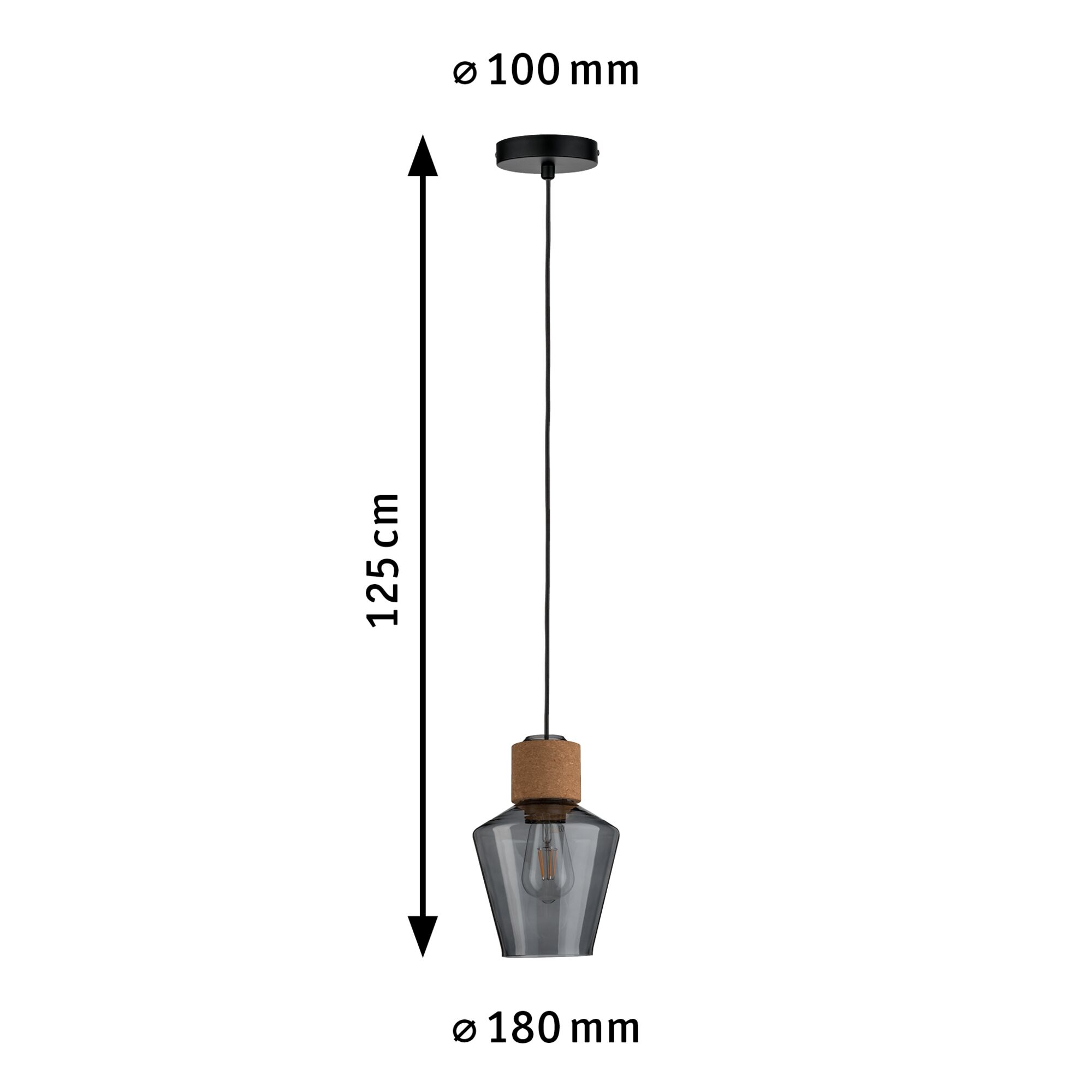 Pendant lamp with smoked glass and cork detail, 125 cm length, modern home lighting fixture