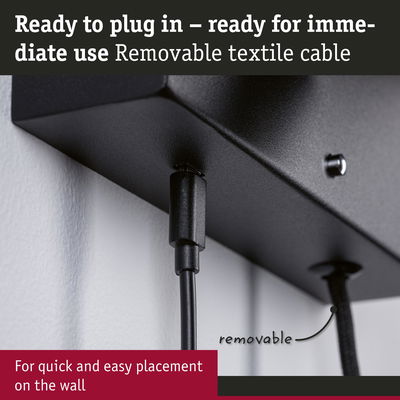 Black wall light with removable textile cable for quick installation and easy use