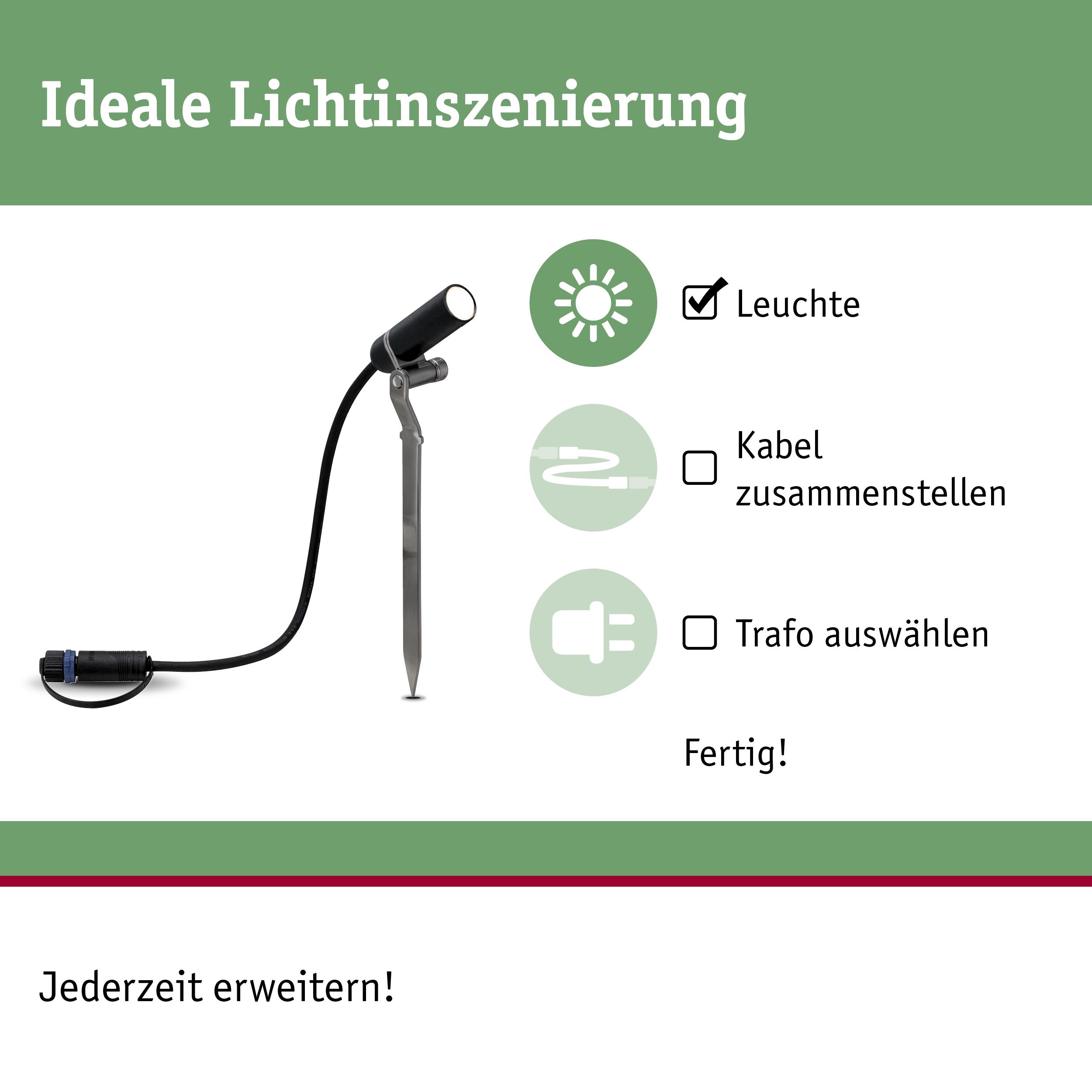 Schwarze Gartenleuchte mit Erdspieß und Kabel für flexible Lichtinszenierung im Außenbereich
