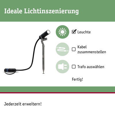 Schwarze Gartenleuchte mit Erdspieß und Kabel für flexible Lichtinszenierung im Außenbereich