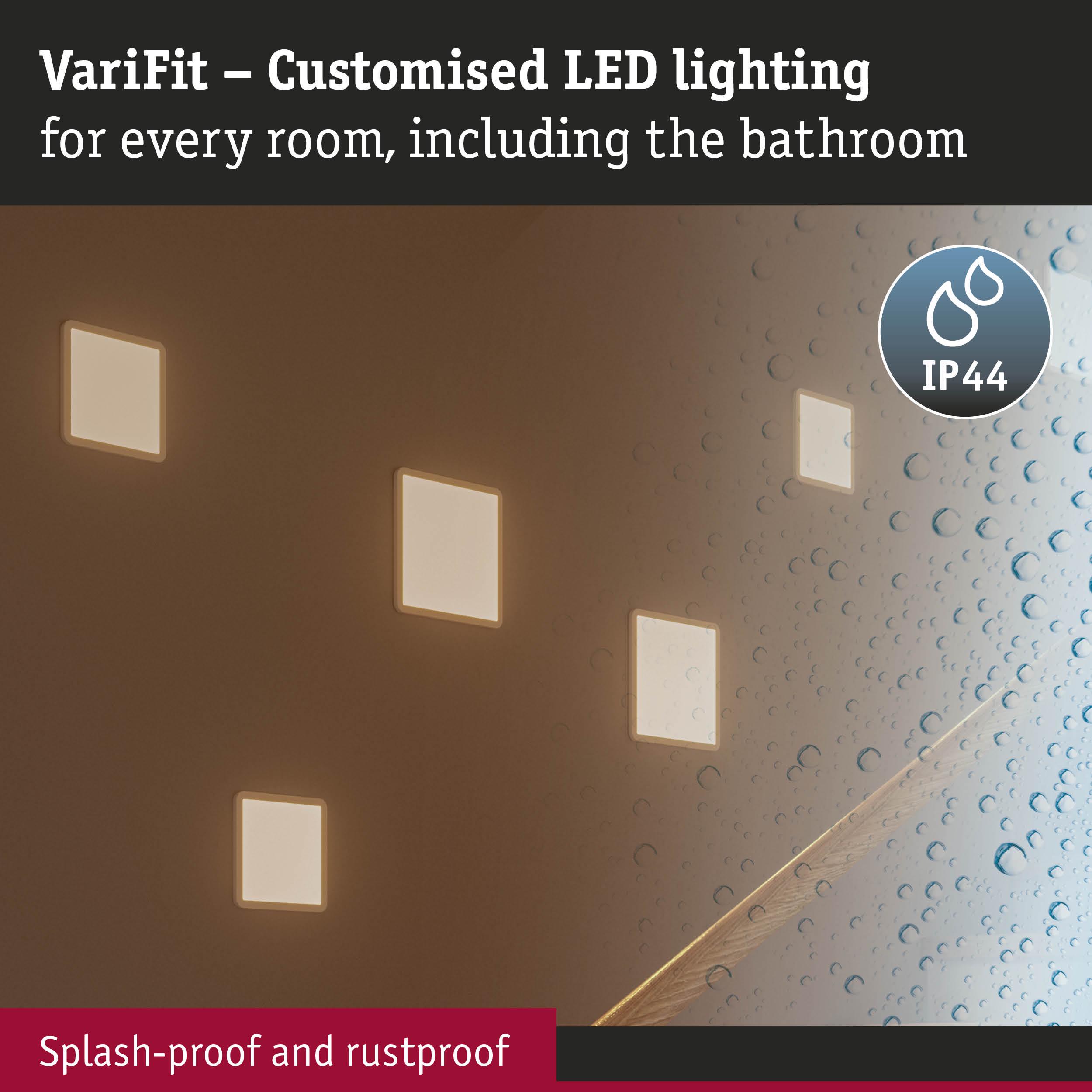VariFit white LED wall lights with IP44 splash-proof rating for bathroom and wet rooms