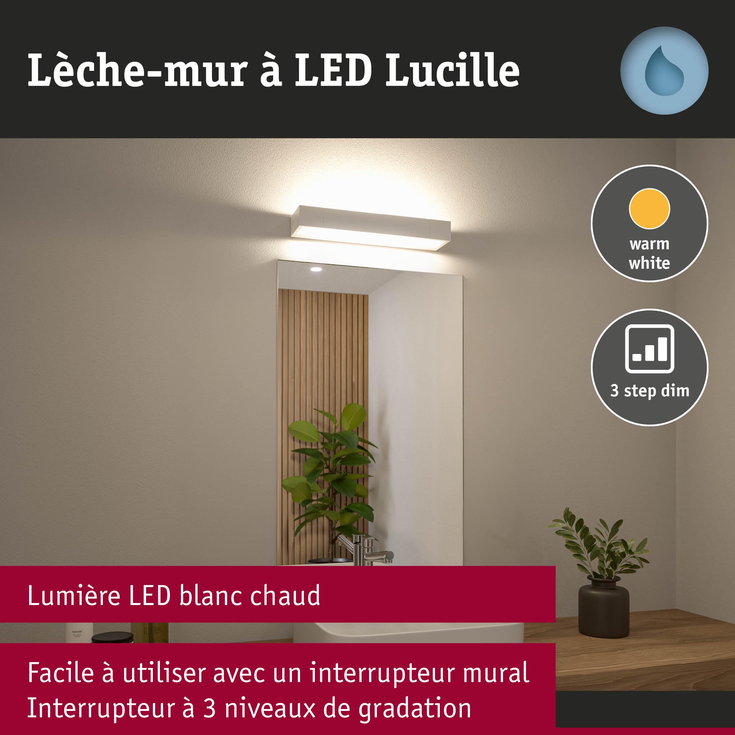 Lèche-mur LED blanc Lucille avec lumière blanc chaud et interrupteur à 3 niveaux pour salle de bain.