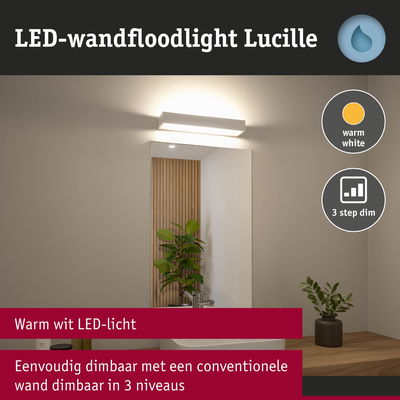Witte LED-wandflitser Lucille met warm wit licht en 3-traps dimfunctie voor badkamerverlichting