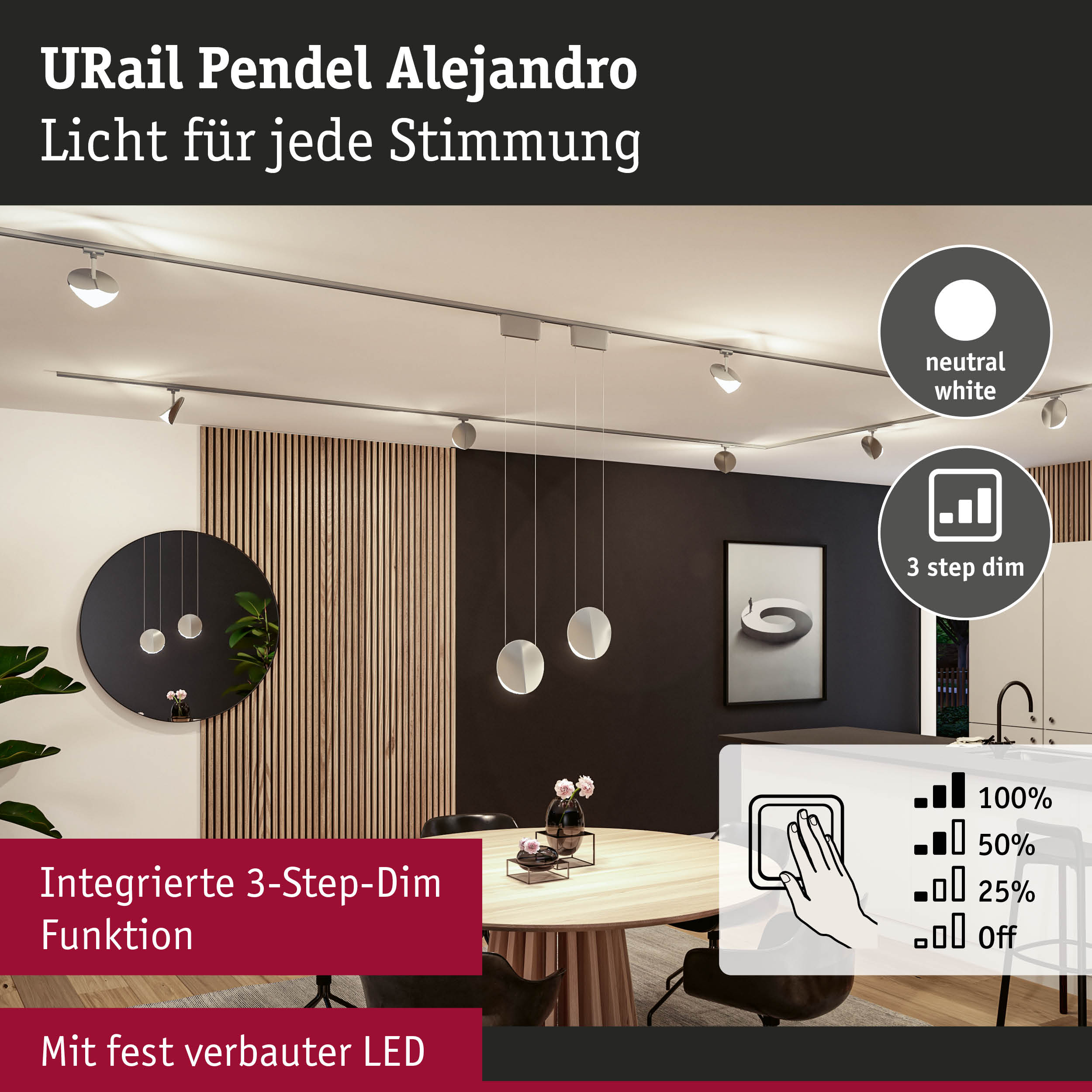 URail Pendel Alejandro Deckenleuchte in Weiß mit integrierter 3-Stufen-Dimmfunktion und LED