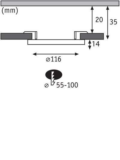 Technical drawing showing dimensions of recessed light with 116 mm diameter and 35 mm depth