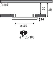 Technical drawing showing dimensions of recessed light with 116 mm diameter and 35 mm depth