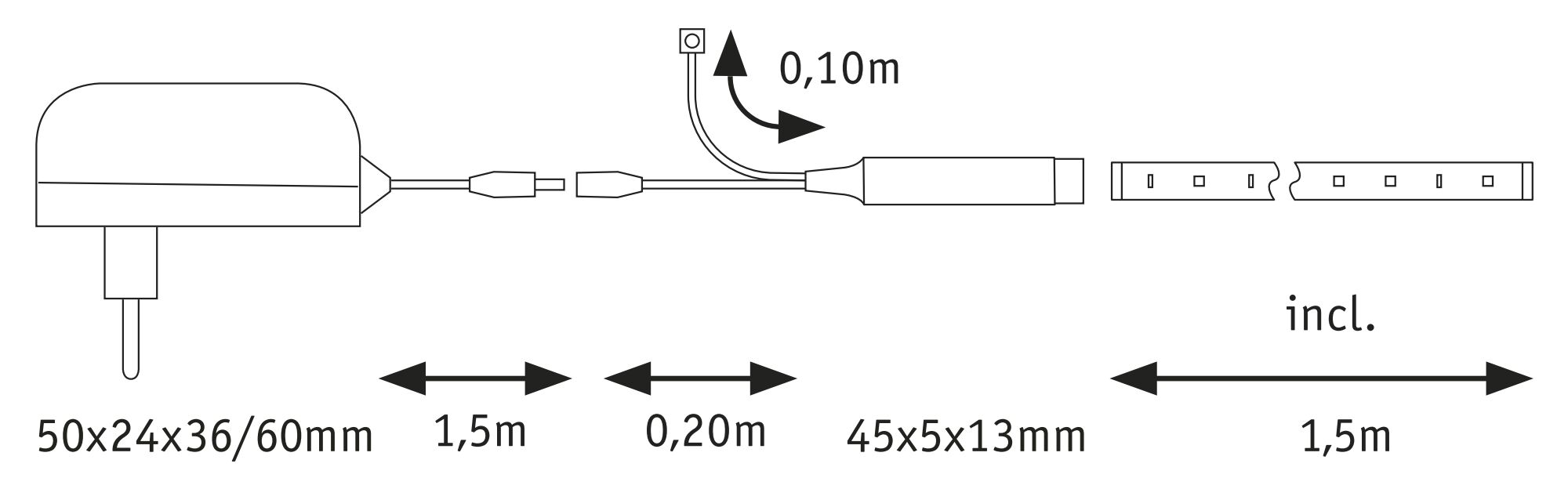 Technische tekening van LED-strip voeding met afmetingen en kabellengtes voor verlichtingssystemen.