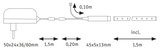 Technical drawing of LED strip power supply with dimensions and cable lengths for lighting systems.