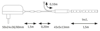 Schéma technique d'une alimentation pour bande LED avec dimensions et longueurs de câble pour éclairage.