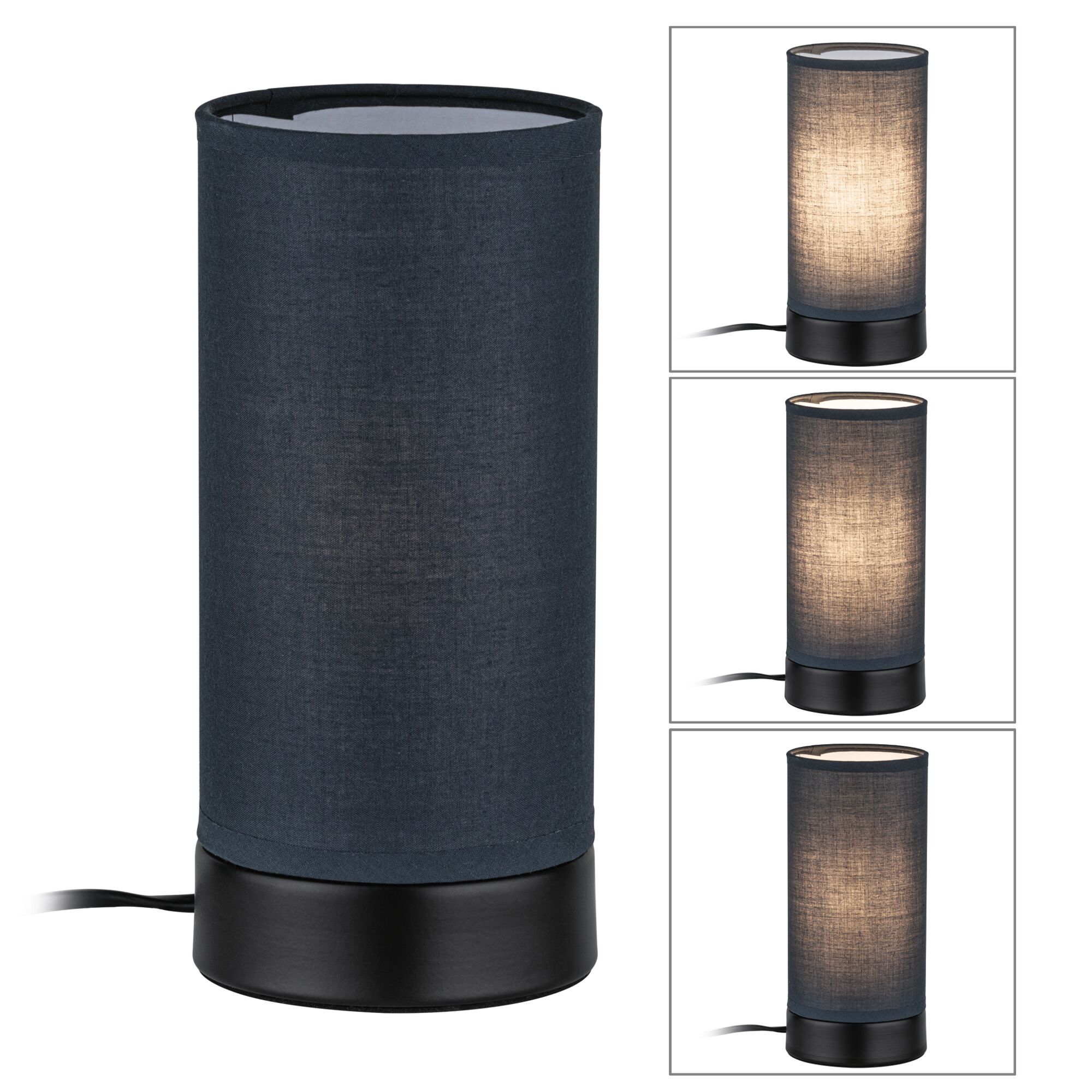 Modern table lamp with black fabric shade and metal base for ambient lighting in living spaces