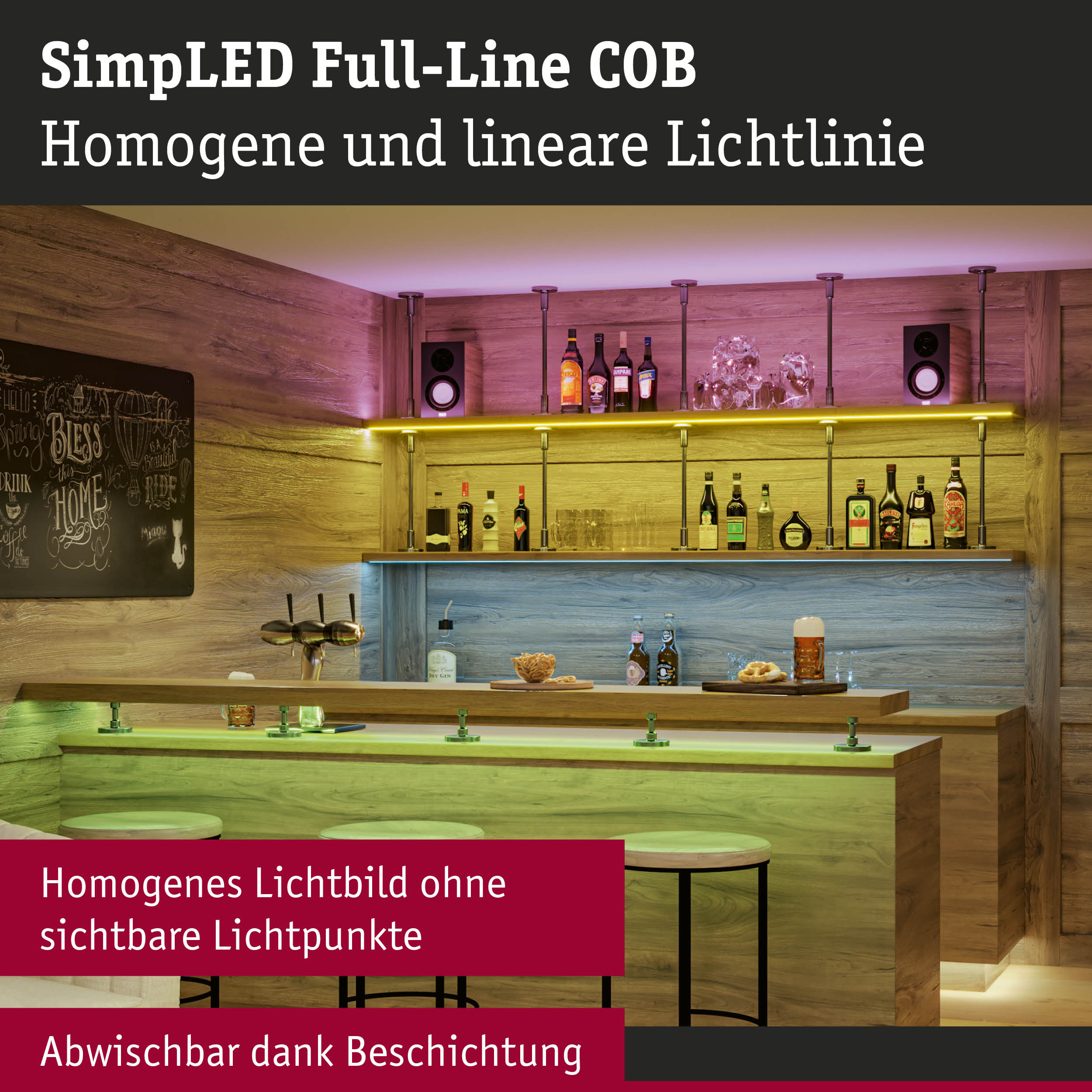Moderne Bar mit Holztheke und farbiger LED-Beleuchtung für stimmungsvolle Raumgestaltung