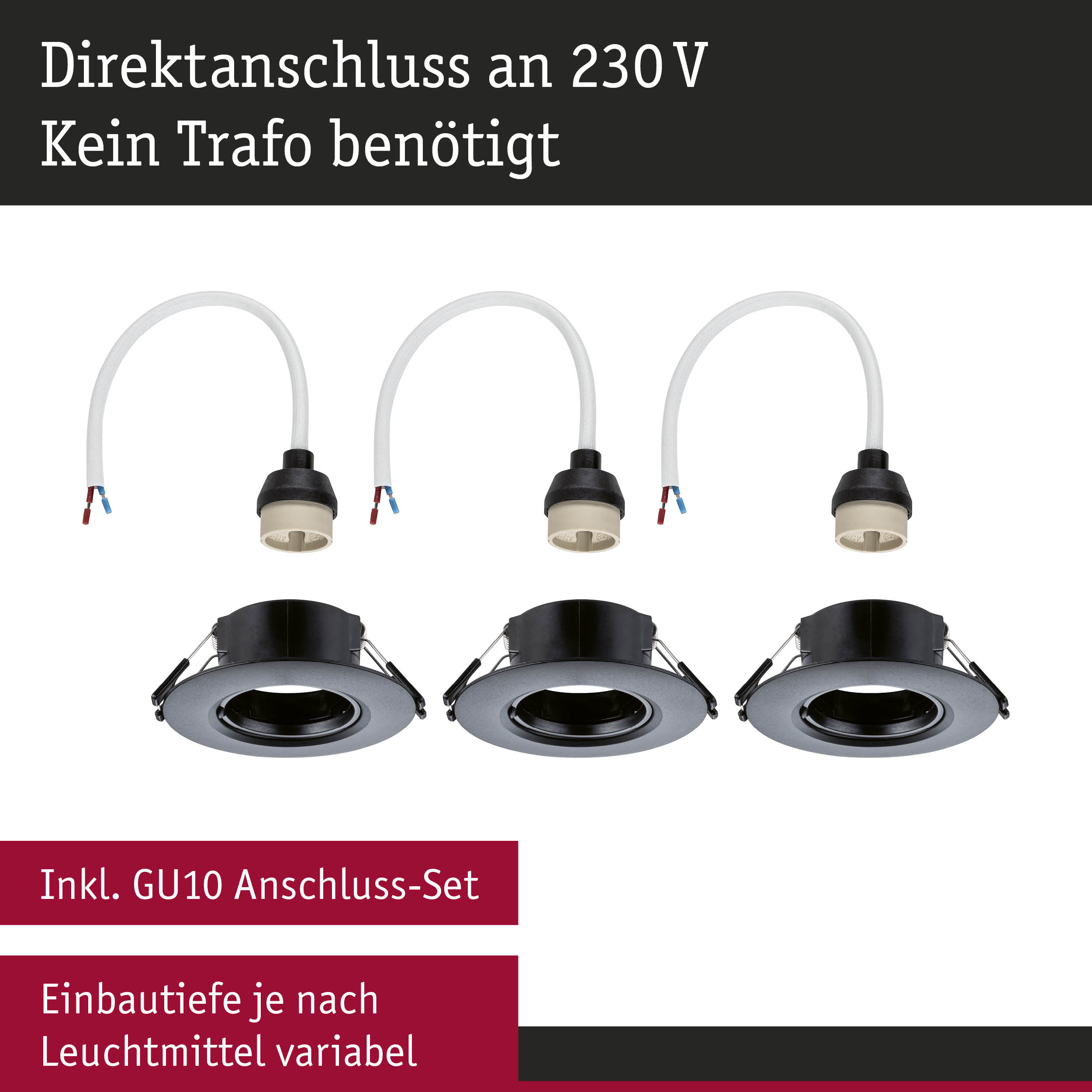 Schwarze Einbaustrahler mit GU10 Anschluss-Set und weißem Kabel für 230V Direktanschluss ohne Trafo