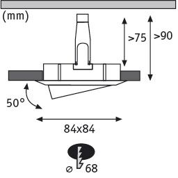 Technische Zeichnung eines quadratischen Einbaustrahler mit 84x84 mm Abmessungen und 50 Grad Neigung.