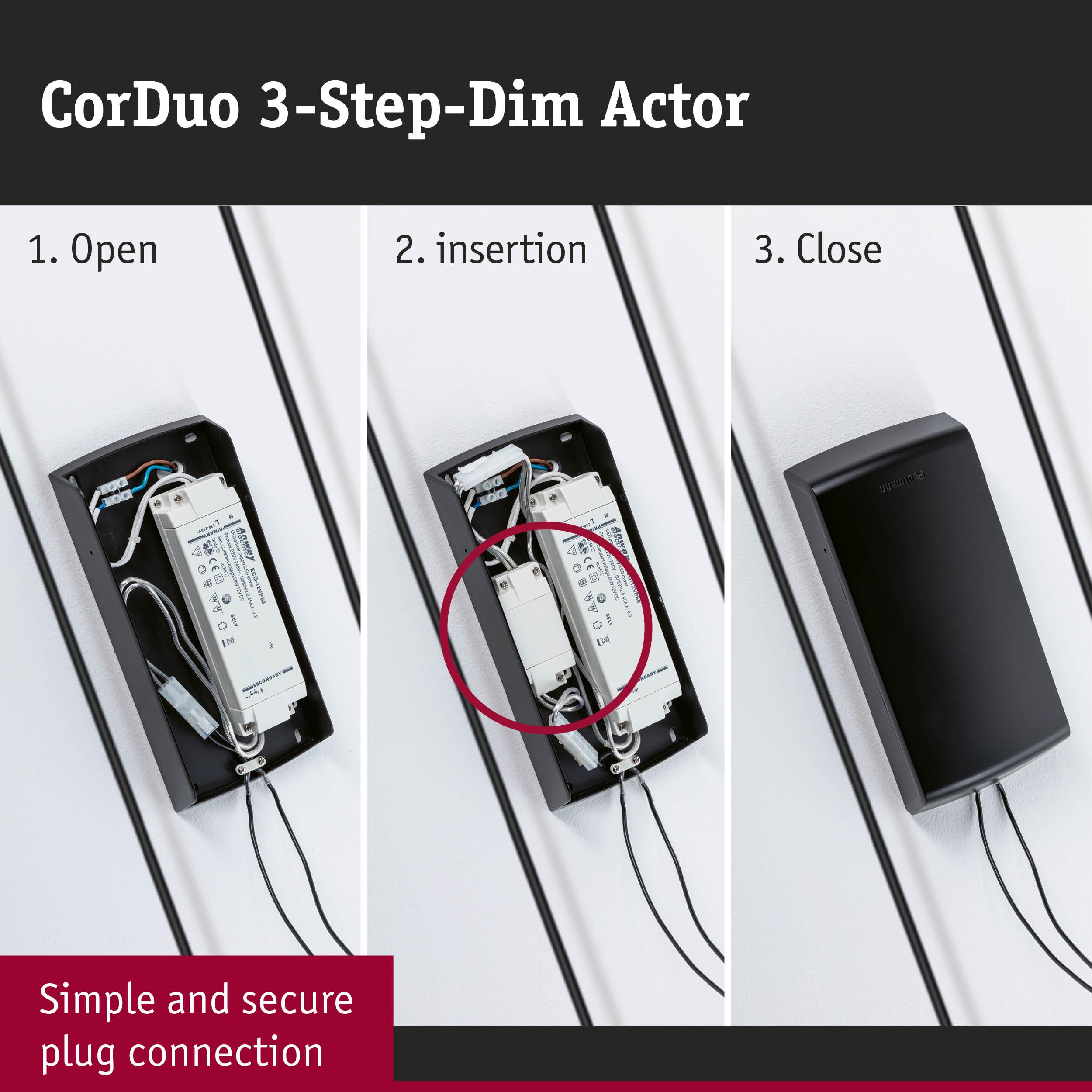 CorDuo 3-Step-Dim Actor installation with black casing and secure plug connection shown in three steps