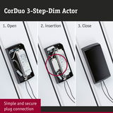 CorDuo 3-Step-Dim Actor installation with black casing and secure plug connection shown in three steps