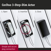 CorDuo 3-step dimmer with black casing demonstrating simple plug connection in three steps