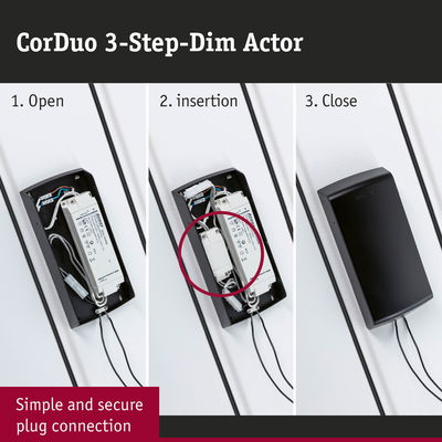 CorDuo 3-Step-Dim Actor installation with black casing and secure plug connection shown in three steps