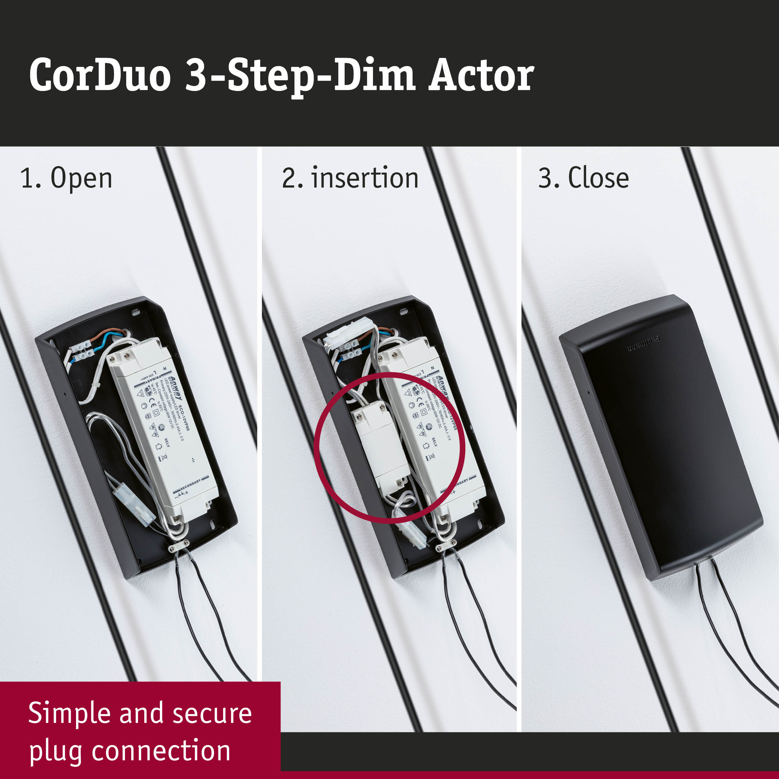 CorDuo 3-step dimmer with black casing demonstrating simple plug connection in three steps