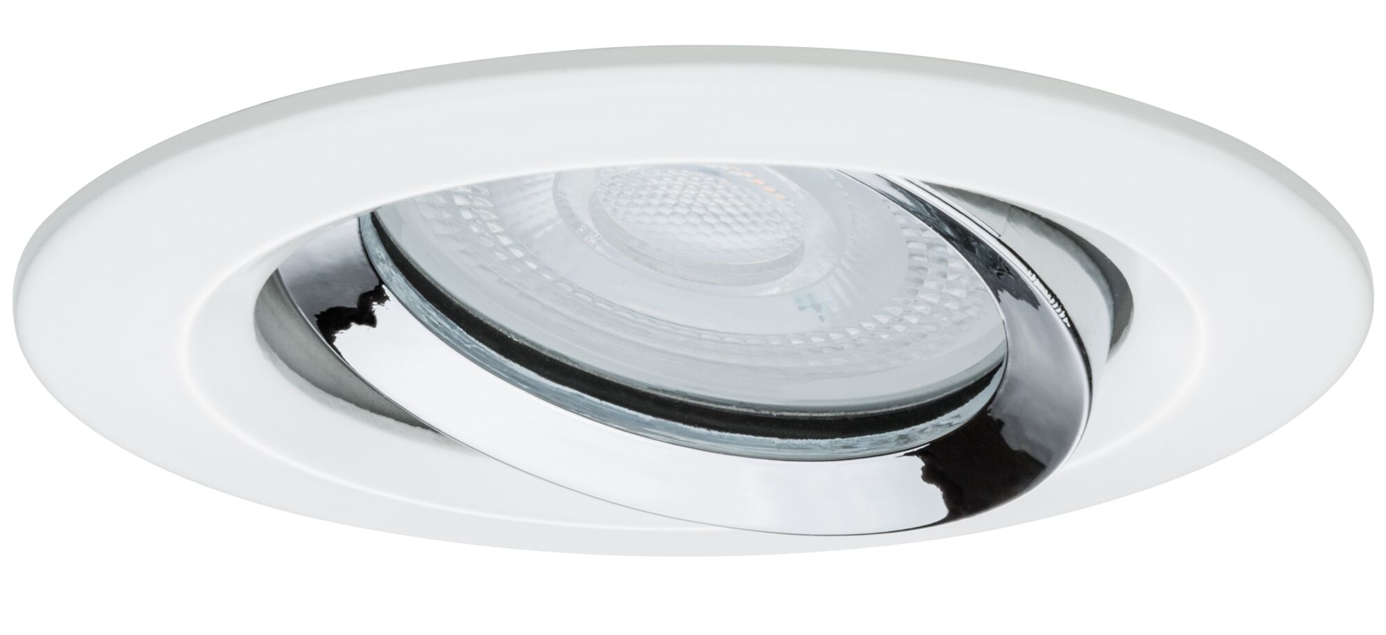 Round white recessed light with adjustable chrome reflector and LED light source for ceiling