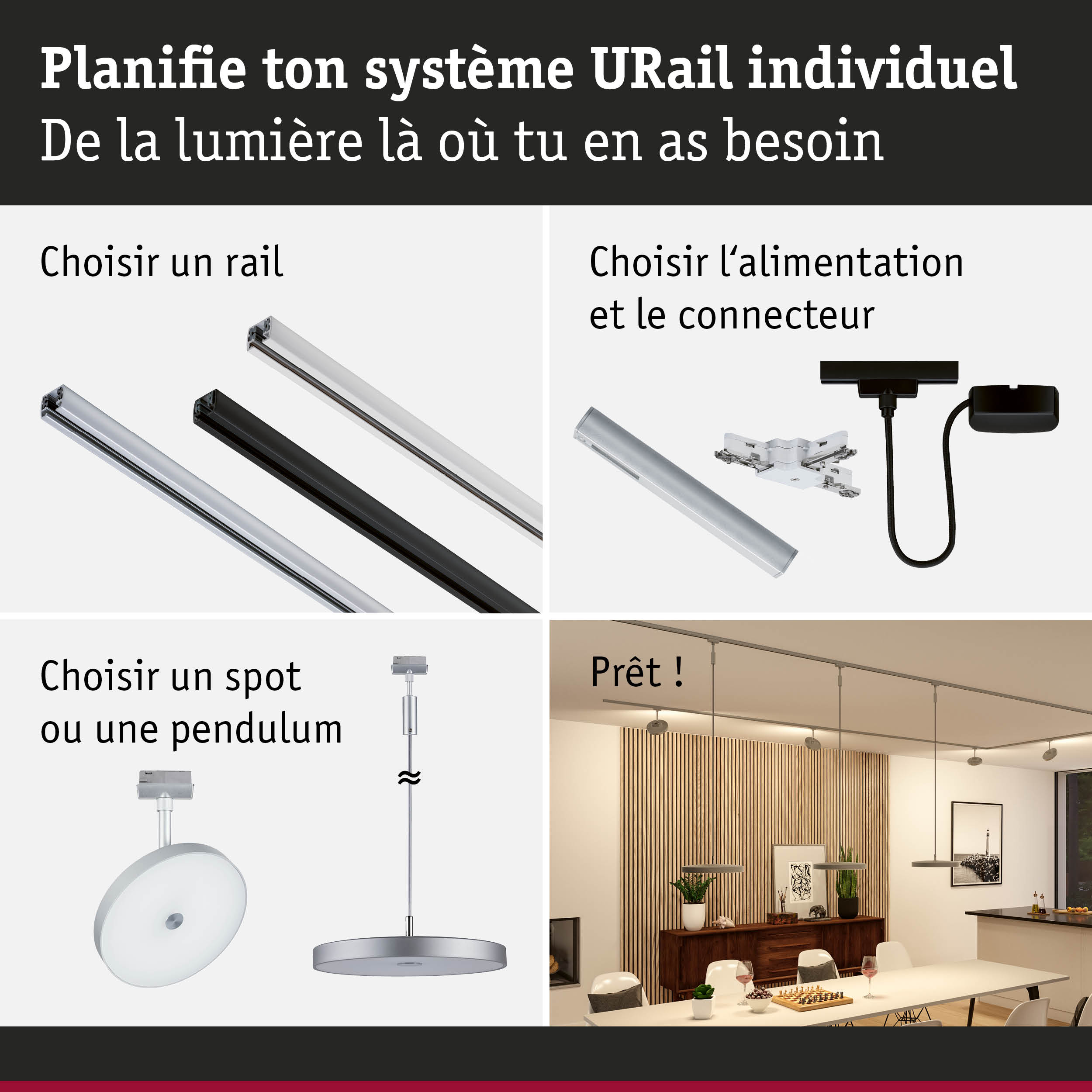 Système modulaire URail avec rails, spots et suspensions pour un éclairage personnalisé