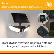 Black solar light with three bright LED lamps, integrated compass and spirit level for easy installation