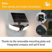 Black solar light with three bright LED lamps, integrated compass and spirit level for easy installation