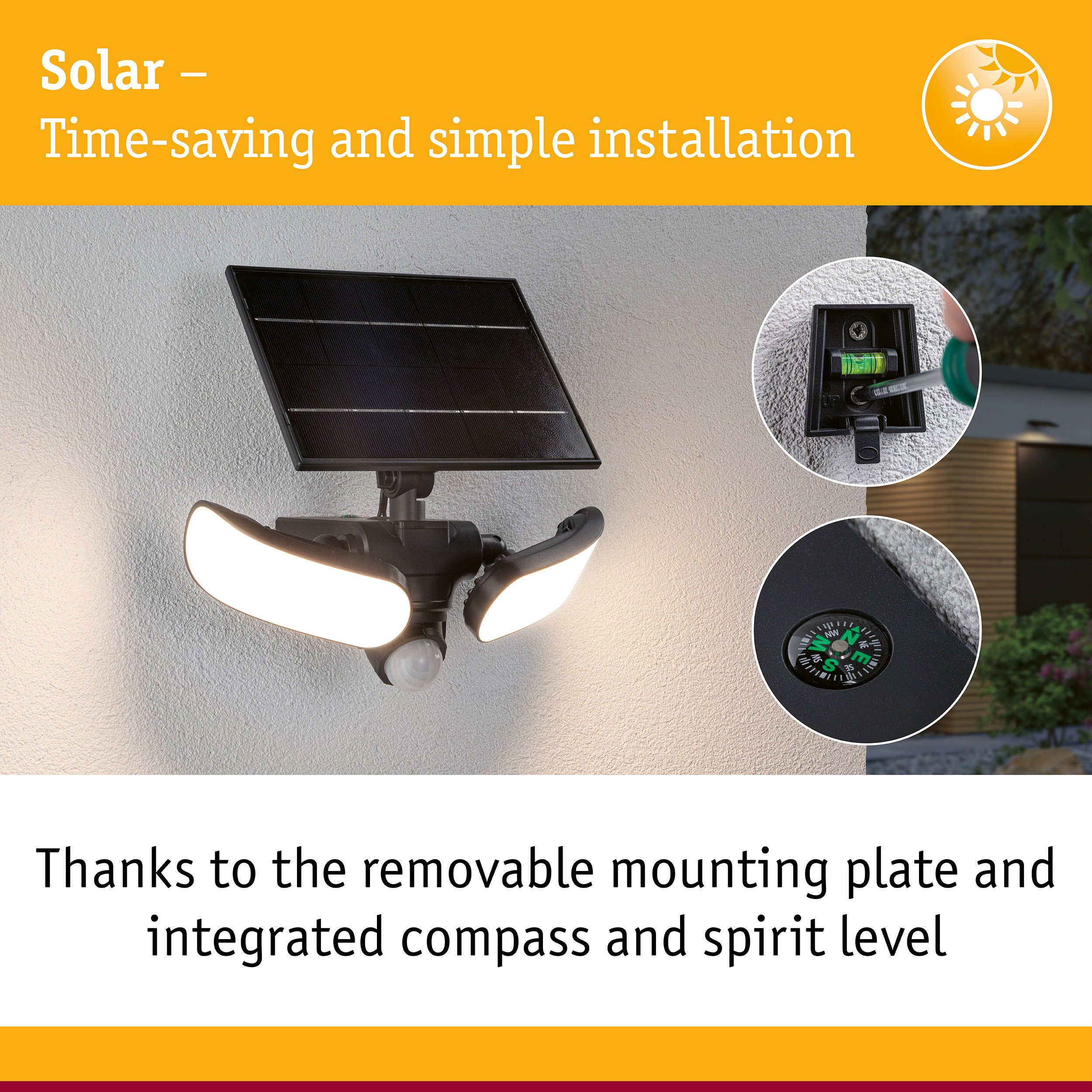 Black solar light with three bright LED lamps, integrated compass and spirit level for easy installation