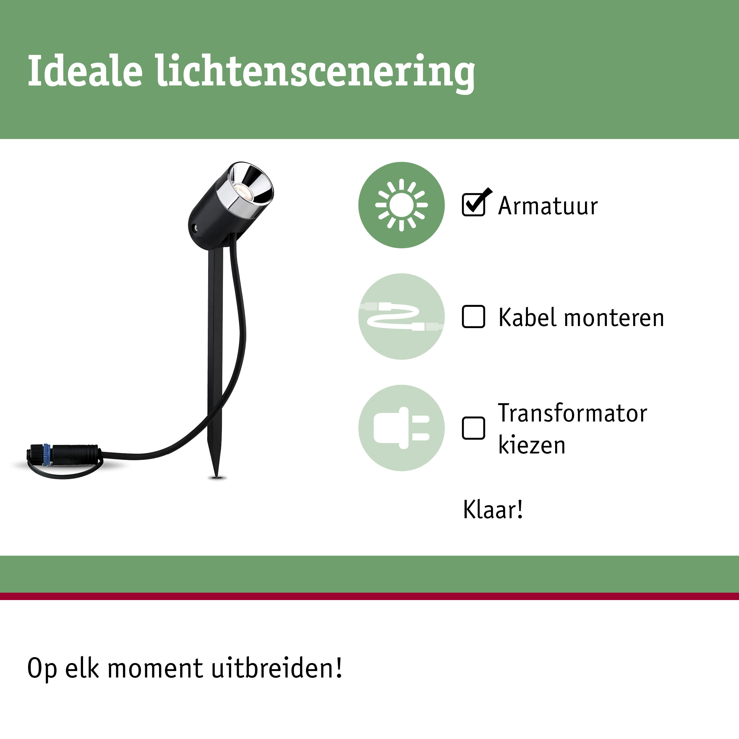 Zwarte LED-tuinschijnwerper met grondpen en kabel voor flexibele buitenverlichting.