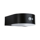 Black metal LED wall light with motion sensor and white diffuser for outdoor lighting