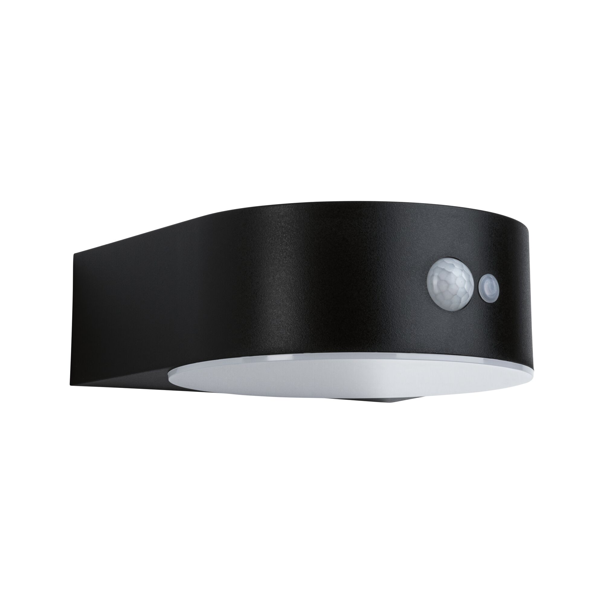 Zwarte metalen wandlamp met bewegingssensor en witte diffuser voor buitenverlichting
