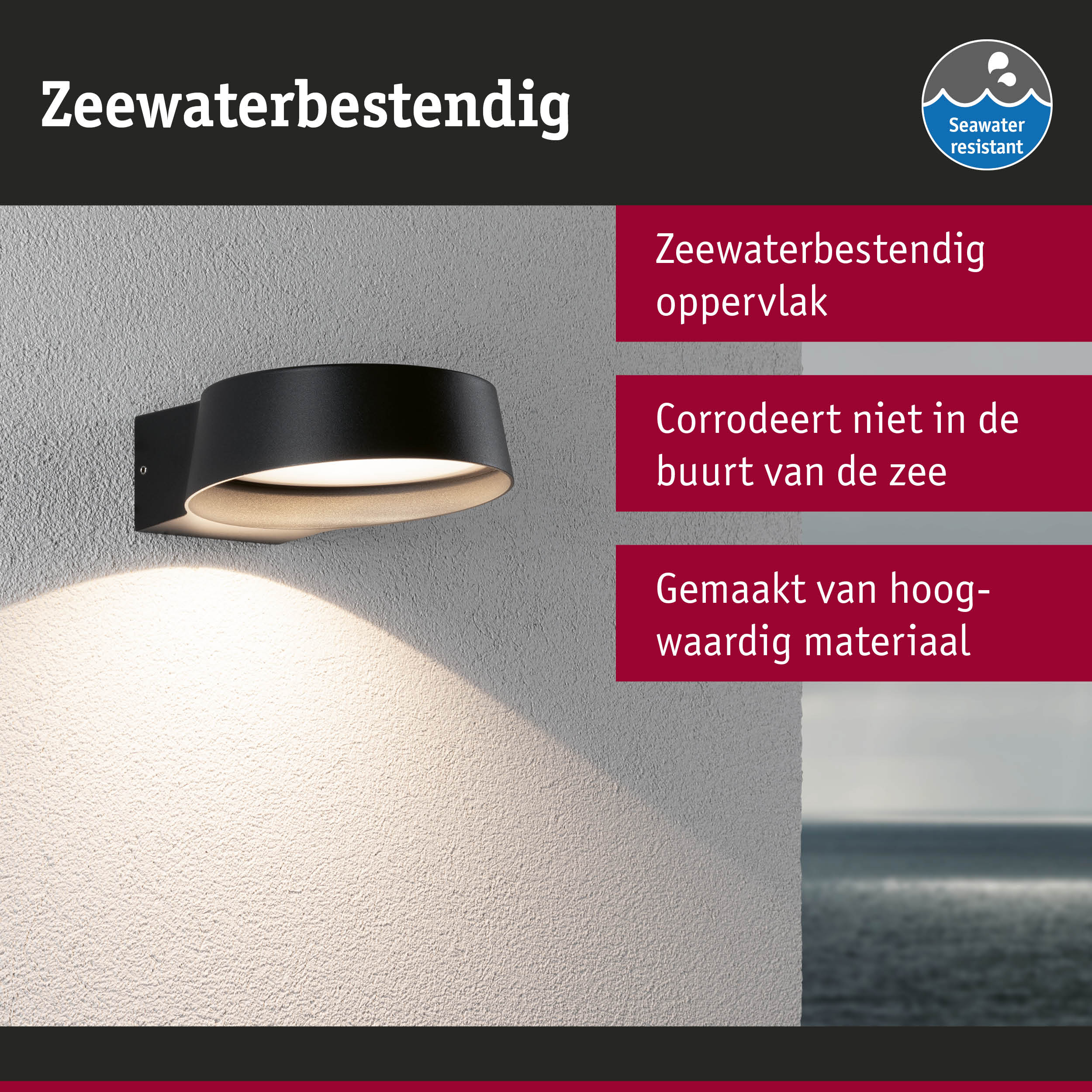 Zwarte wandlamp met zeewaterbestendig materiaal en modern ontwerp voor buitengebruik