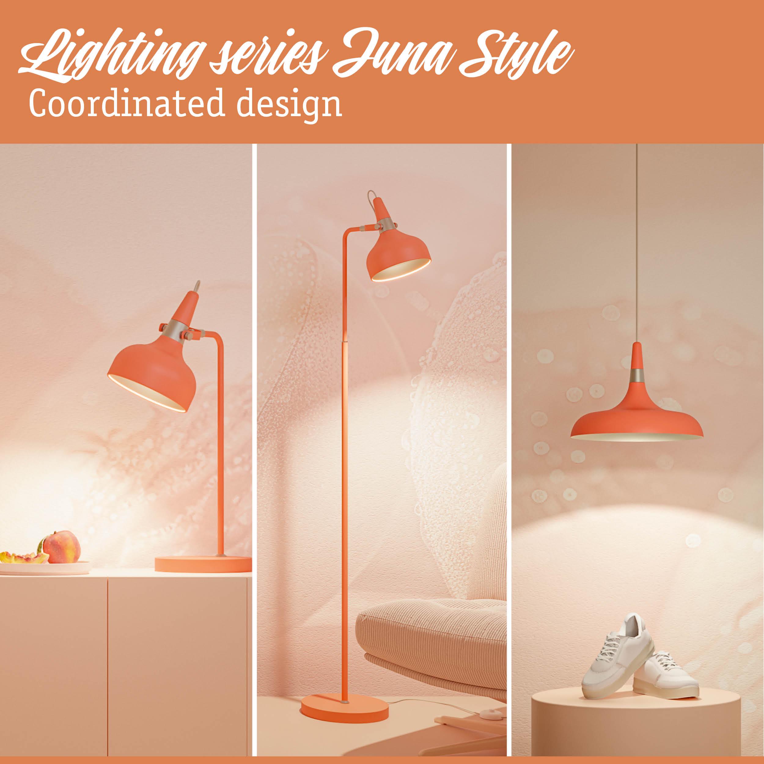Coordinated orange metal Juna Style lighting series with table, floor, and pendant lamps for home decor