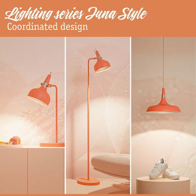 Coordinated orange metal Juna Style lighting series with table, floor, and pendant lamps for home decor